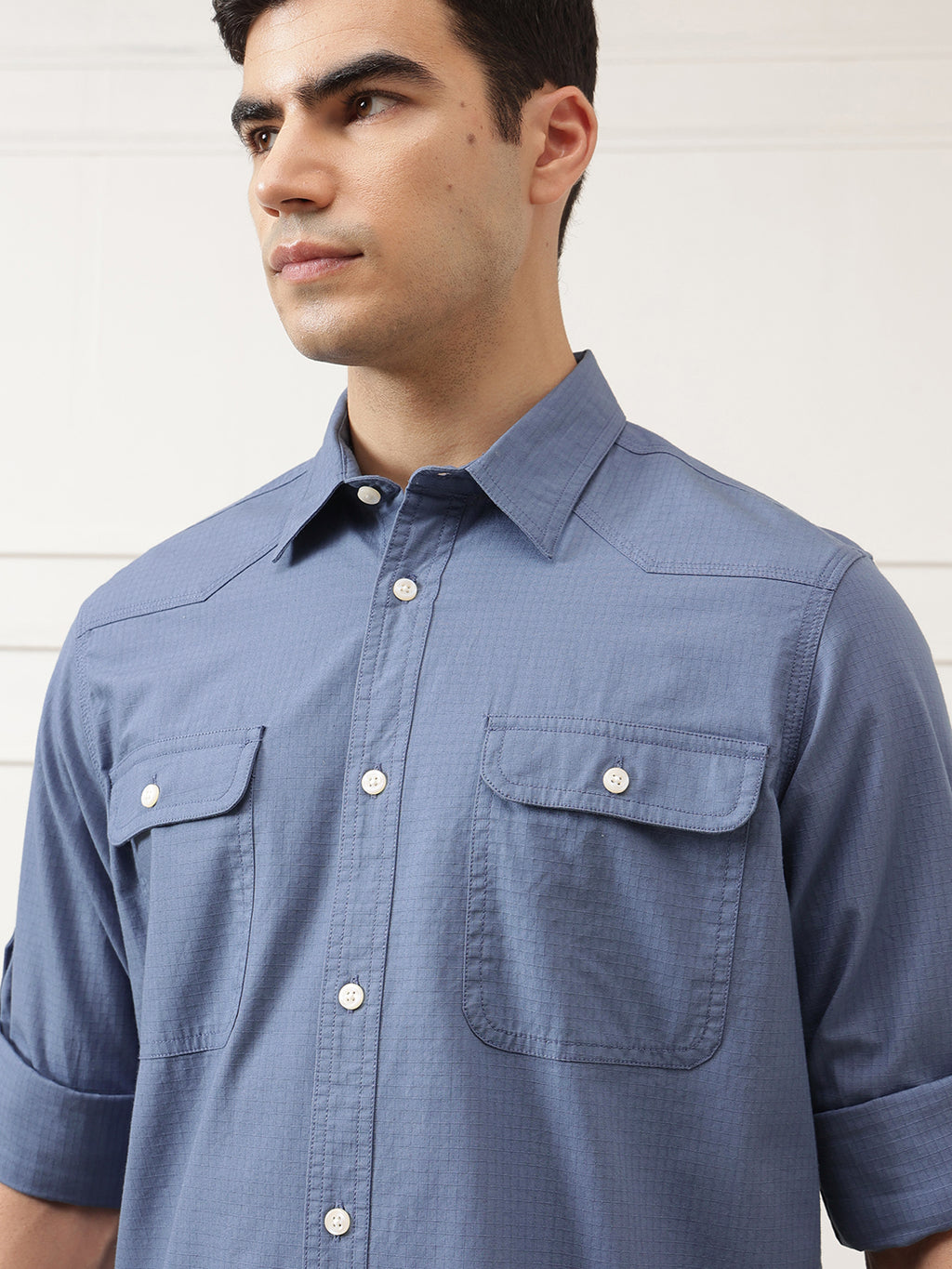 Mid Blue Roll-Up Sleeve Regular Fit Spread Collar Textured Cotton Casual Shirt For Men