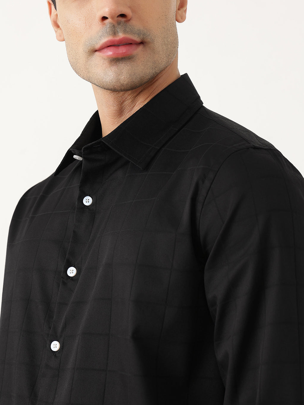 Thomas Scott Men Premium Black Regular Fit Long Sleeves Spread Collar Windowpane Checks Cotton Lycra Casual Shirt
