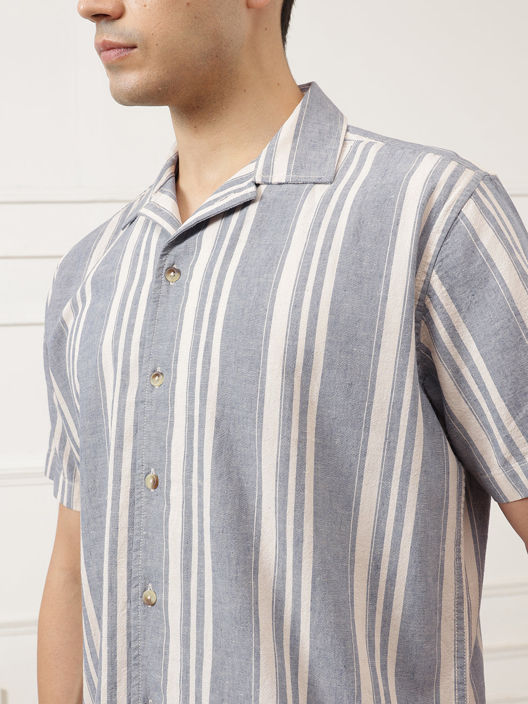 Blue Oversized Fit Vertical Stripes Cuban Collar Cotton Linen Casual Shirt For Men