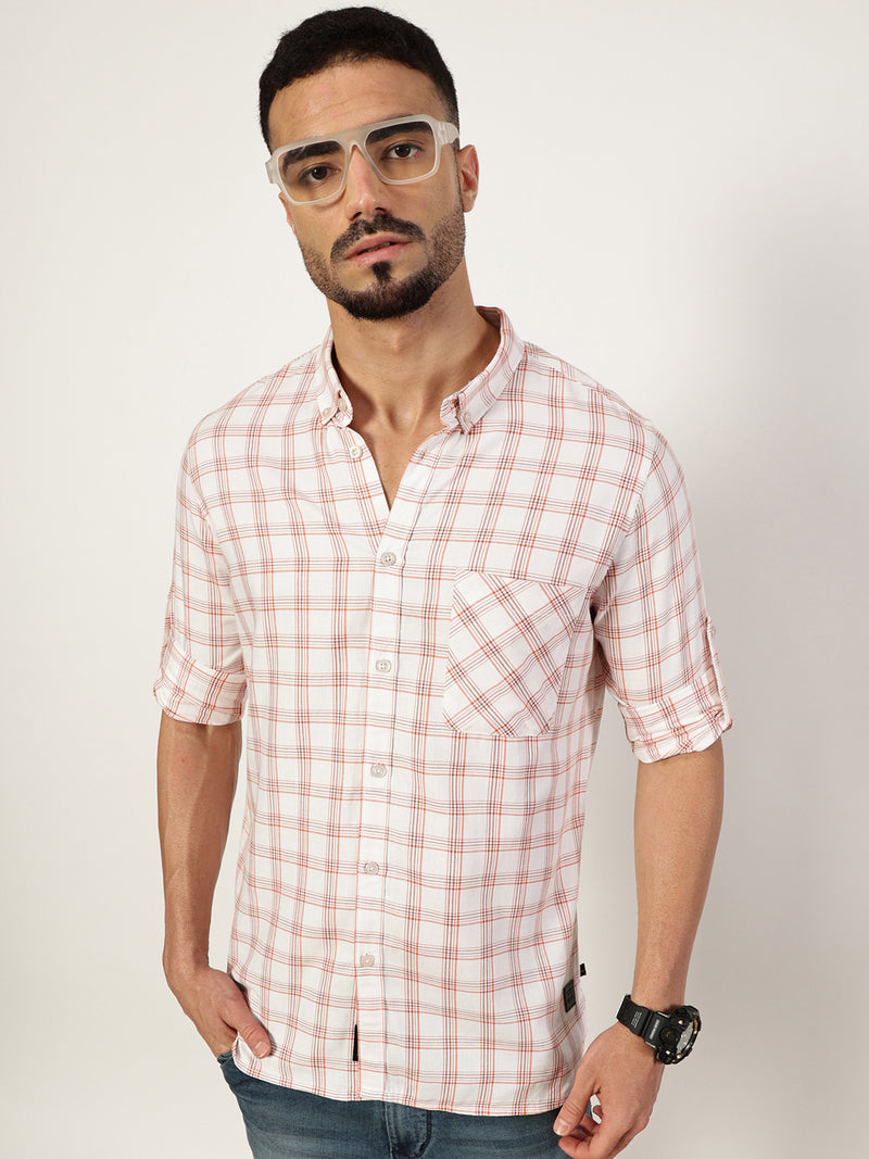 Thomas Scott Men White Premium Slim Fit Opaque Checked Casual Shirt