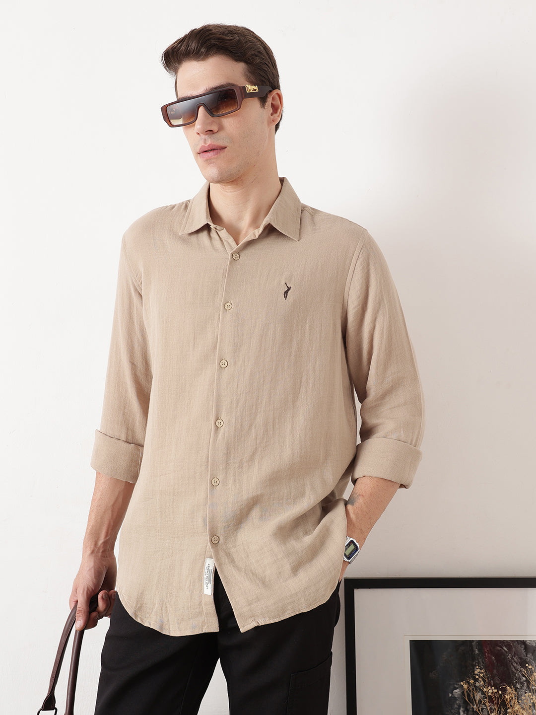 Beige Premium Regular Fit Long Sleeves Spread Collar Solid Cotton Casual Shirt For Men