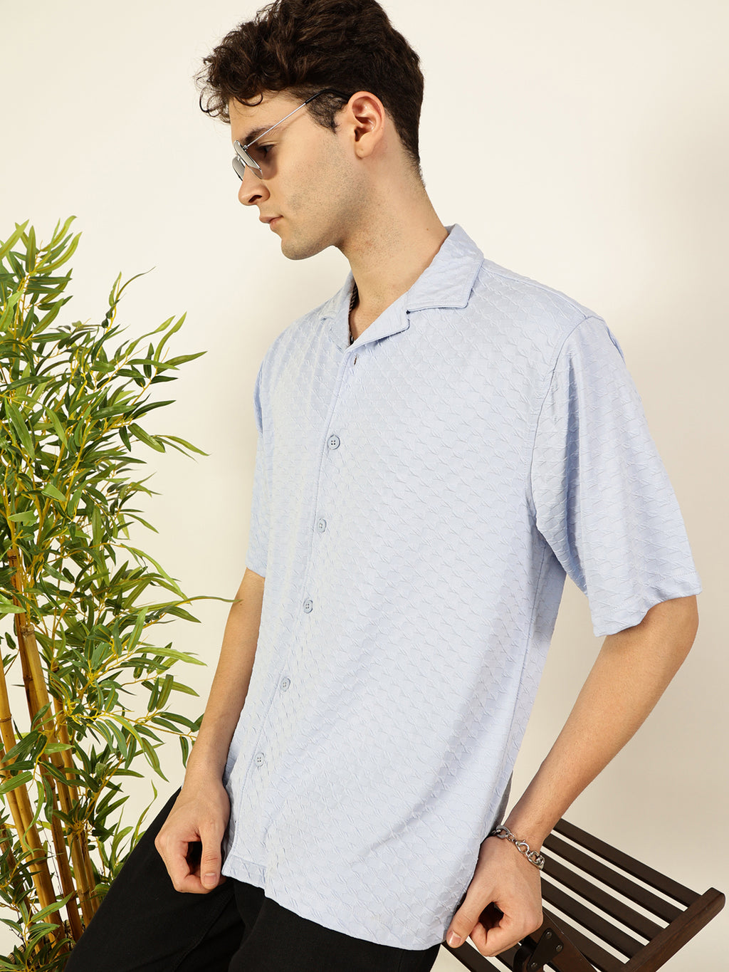 Thomas Scott Men Sky Blue Premium Short Sleeves Relaxed Fit Cuban Collar Textured Cotton Casual Shirt