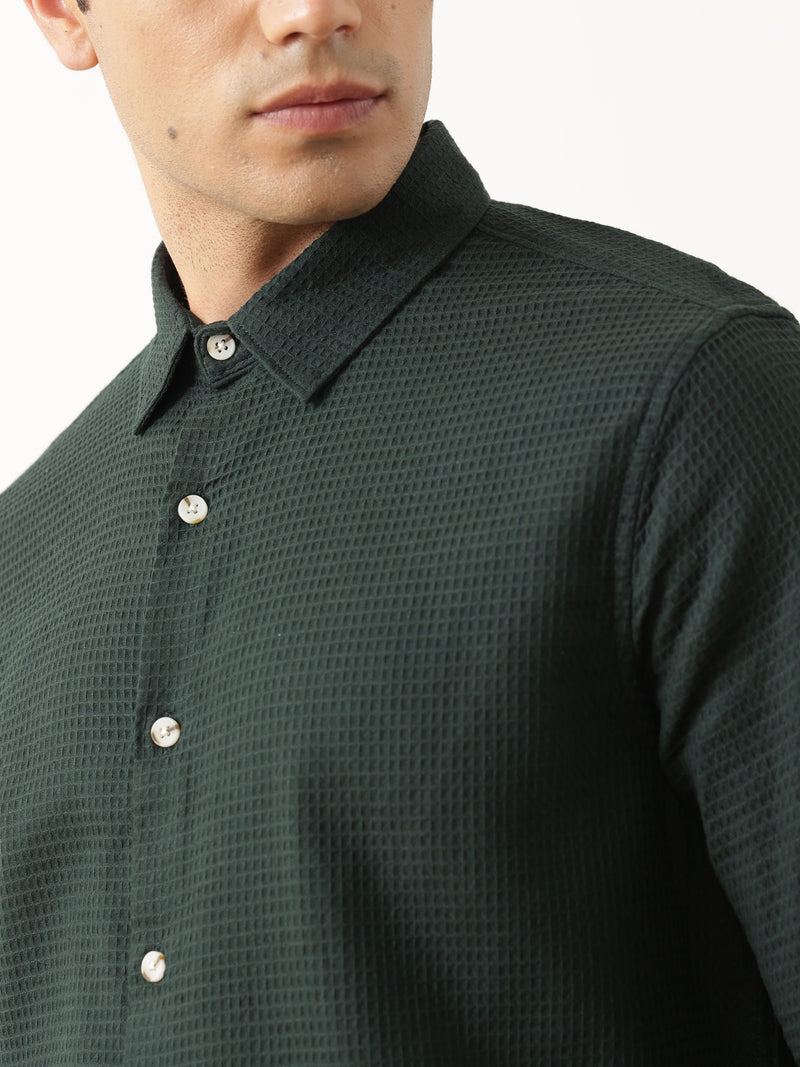 Thomas Scott Men Premium Green Regular Fit Long Sleeves Spread Collar Textured Casual Shirt