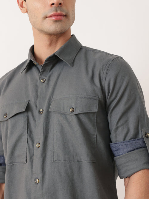 Thomas Scott Men Steel Grey Premium Slim Fit Long Roll-Up Sleeves Spread Collar Solid Cotton Casual Shirt with Flap Pockets