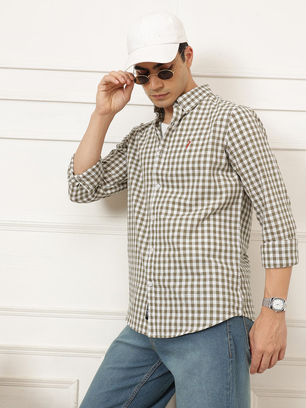 Brown Premium Regular Fit Gingham Checks Cotton Linen Shirt For Men