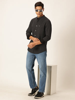 Thomas Scott Men Black Premium Slim Fit Long Sleeves Band Collar Micro Dots Printed Cotton Casual Shirt
