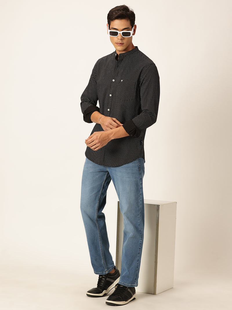 Thomas Scott Men Black Premium Slim Fit Long Sleeves Band Collar Micro Dots Printed Cotton Casual Shirt