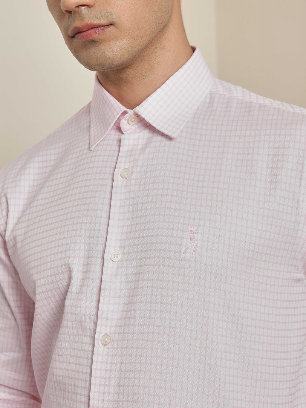Thomas Scott Men Premium Pink Gingham Checks Cotton Formal Shirt with Spread Collar & Full Sleeves