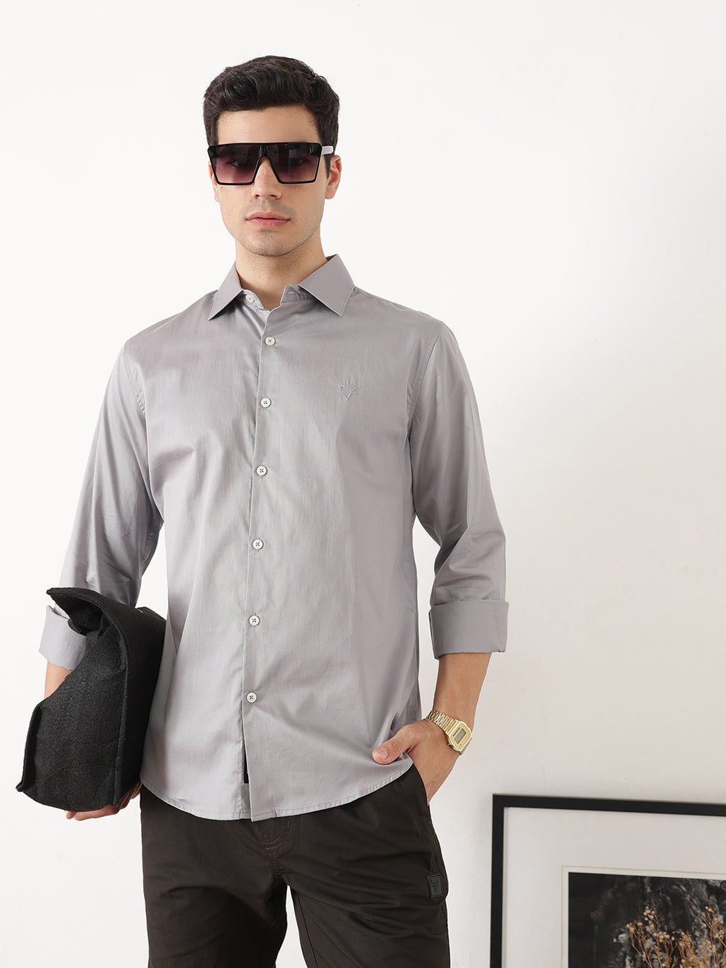 Grey Premium Slim Fit Solid Cotton Casual Shirt For Men