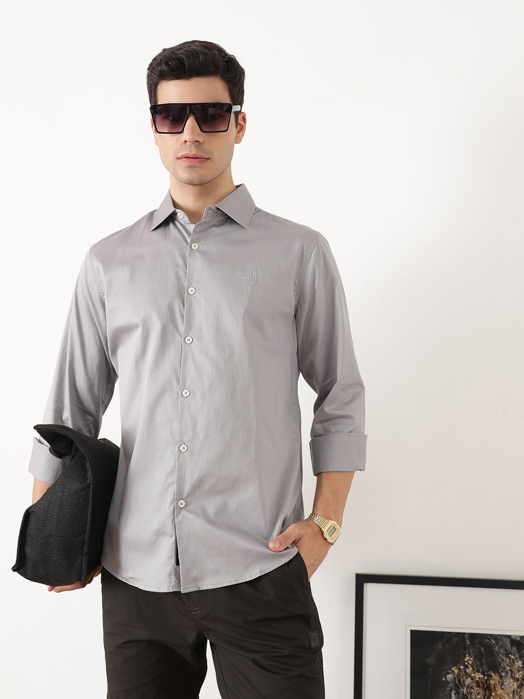 Grey Premium Slim Fit Solid Cotton Casual Shirt For Men