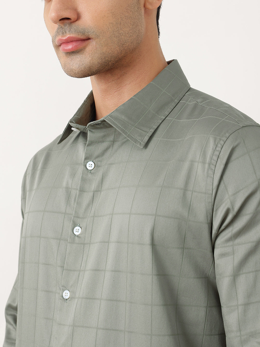 Thomas Scott Men Premium Sage Green Regular Fit Long Sleeves Spread Collar Windowpane Checks Cotton Lycra Casual Shirt