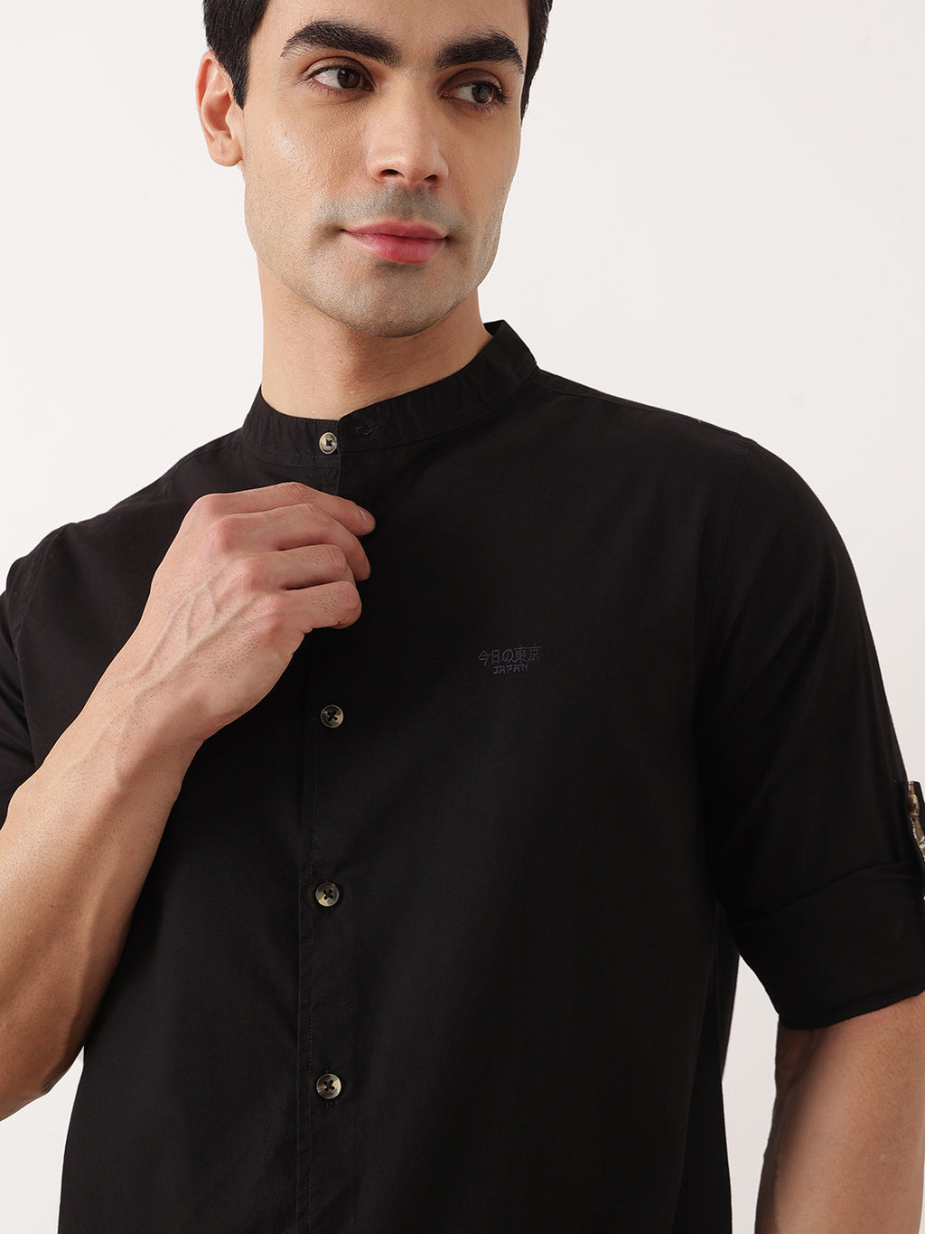 Thomas Scott Men Black  Premium Regular Fit Long Roll-Up Sleeves Mandarin Collar Solid Cotton Casual Shirts