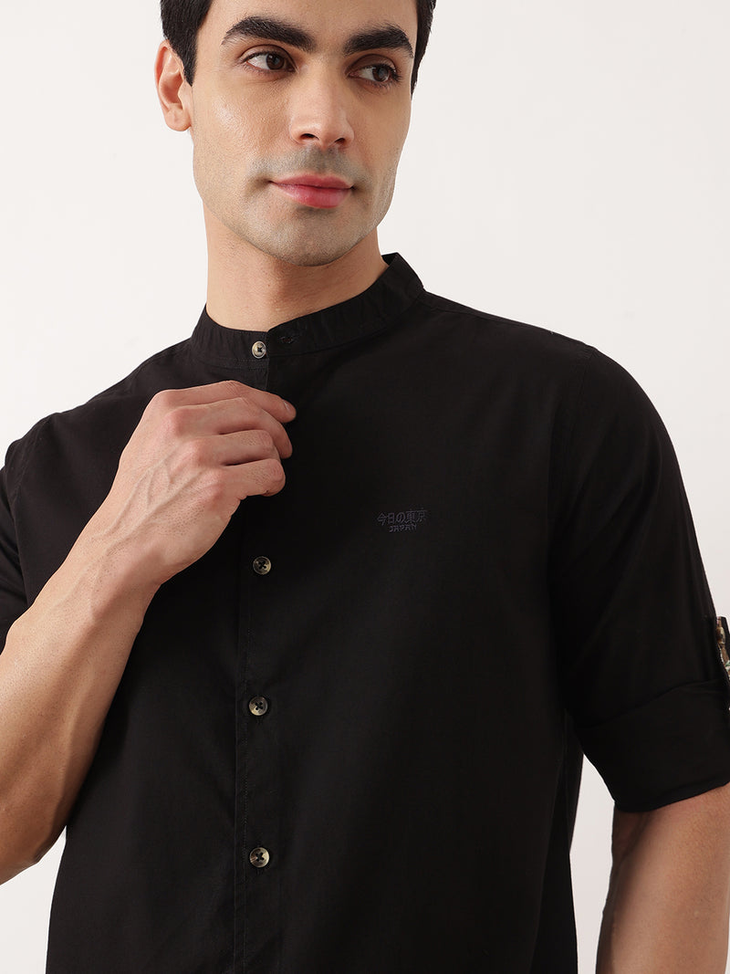Thomas Scott Men Black  Premium Regular Fit Long Roll-Up Sleeves Mandarin Collar Solid Cotton Casual Shirts