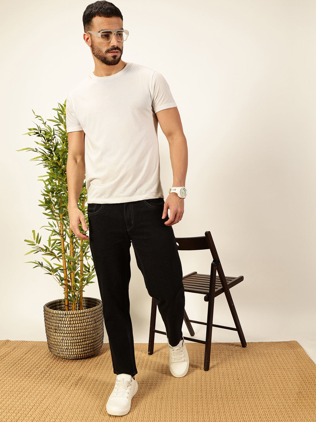 Thomas Scott Men Black Smart Tapered Fit Mid-Rise Clean Look Cropped Stretchable Jeans