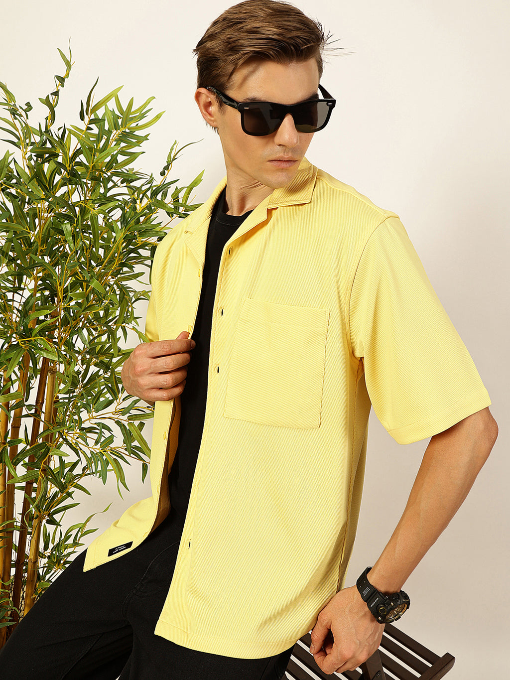Thomas Scott Men Yellow Premium Short Sleeves Regular Fit Cuban Collar Textured Cotton Twill Shirt