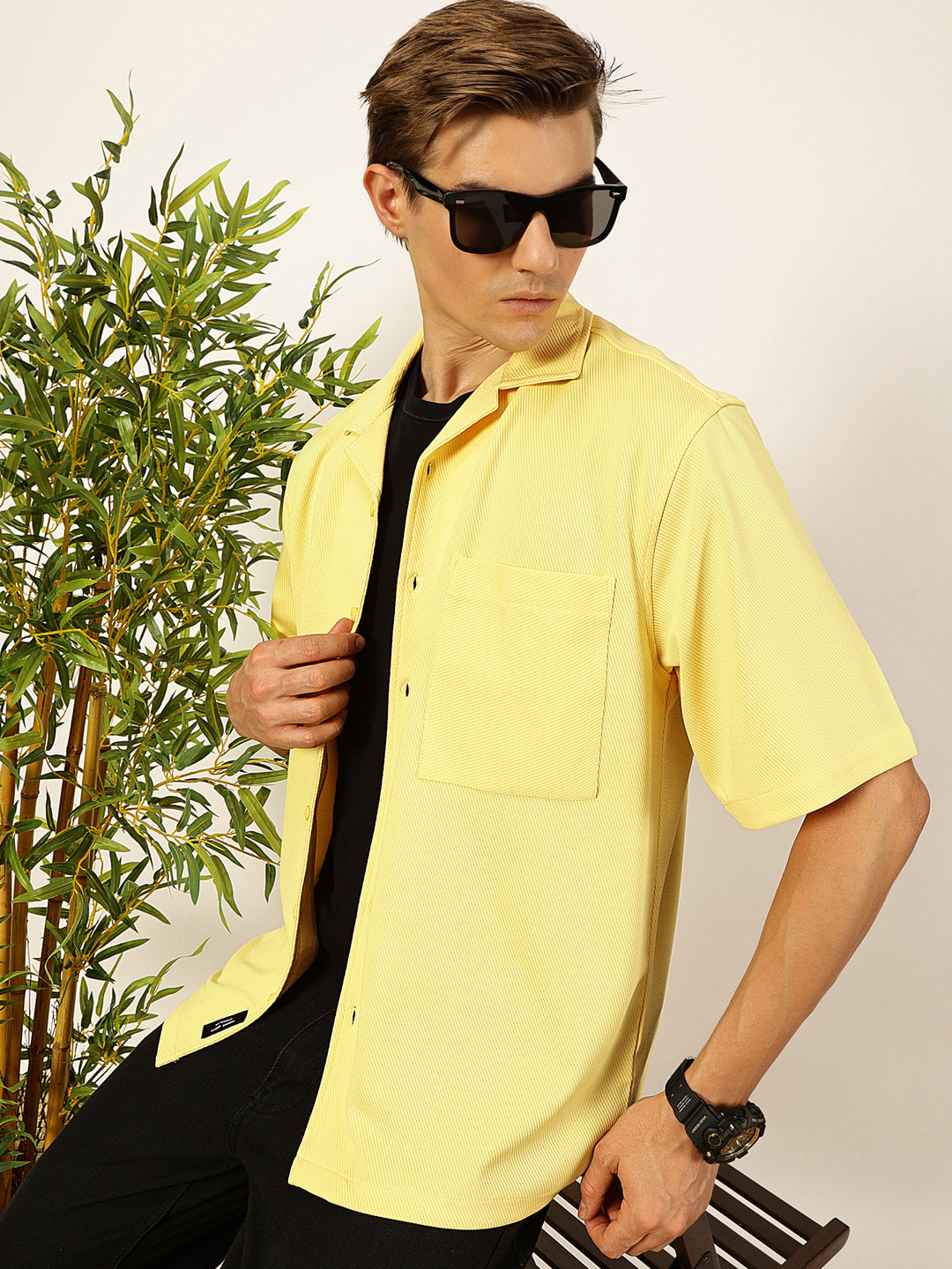 Thomas Scott Men Yellow Premium Short Sleeves Regular Fit Cuban Collar Textured Cotton Twill Shirt