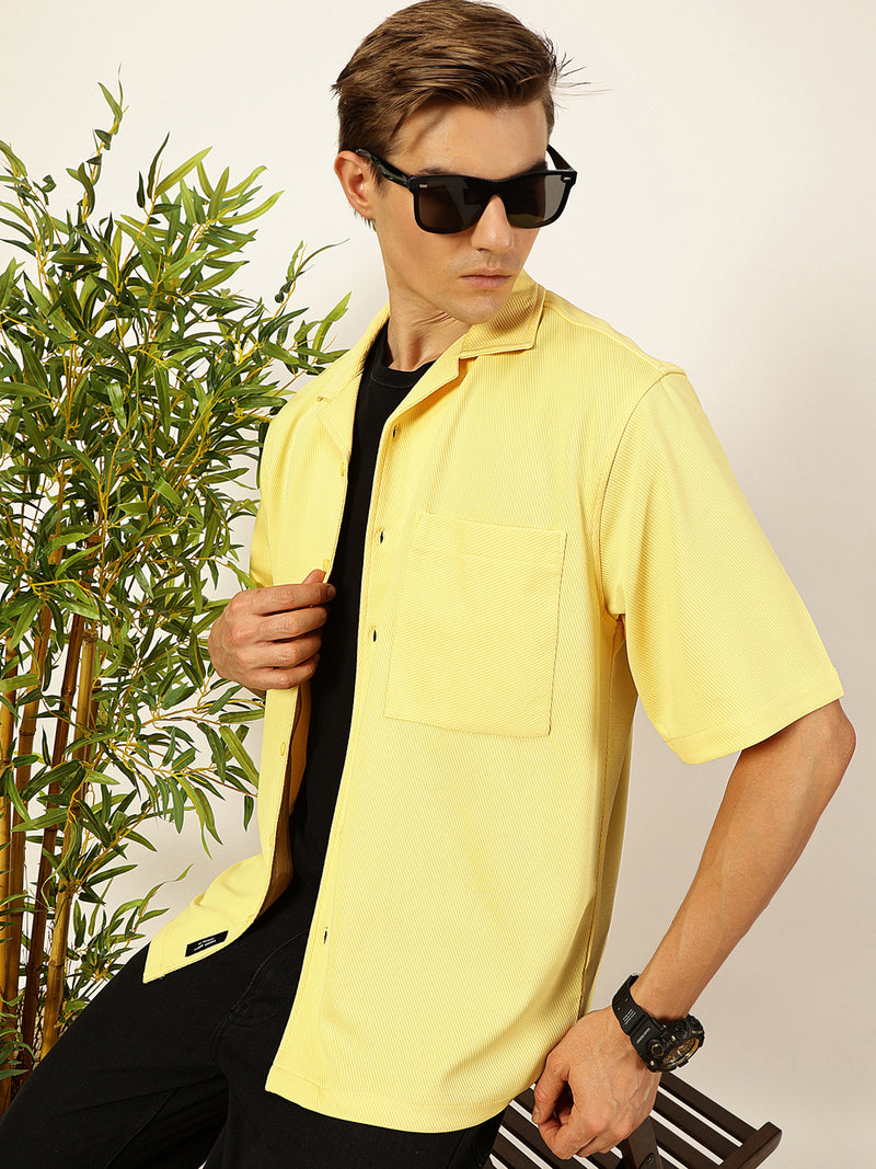 Thomas Scott Men Yellow Premium Short Sleeves Regular Fit Cuban Collar Textured Cotton Twill Shirt