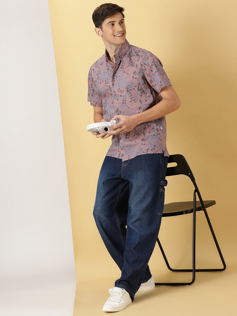 Thomas Scott Men Purple Smart Slim Fit Short Sleeves Spread Collar Floral Printed Cotton Casual Shirt