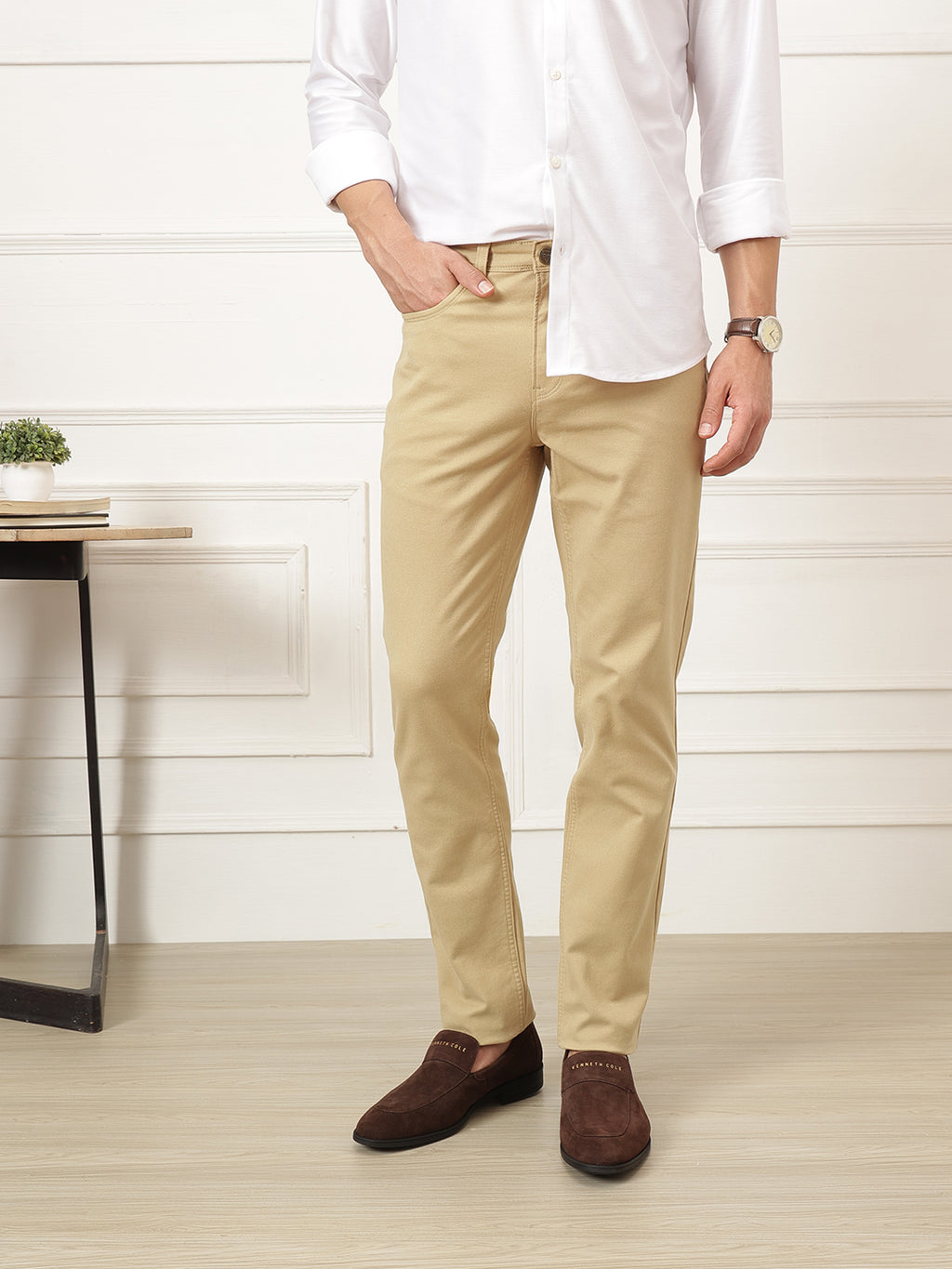 Beige Smart Straight Fit Mid-Rise Solid Woven Trouser For Men