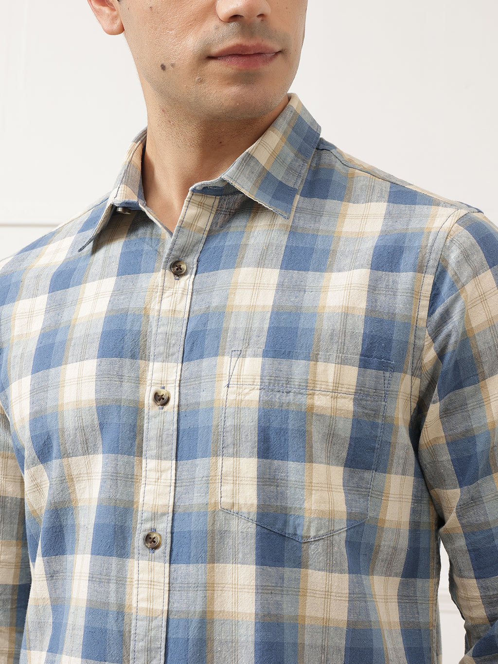 Blue Premium Slim Fit Graphic Checked Cotton Linen Casual Shirt For Men