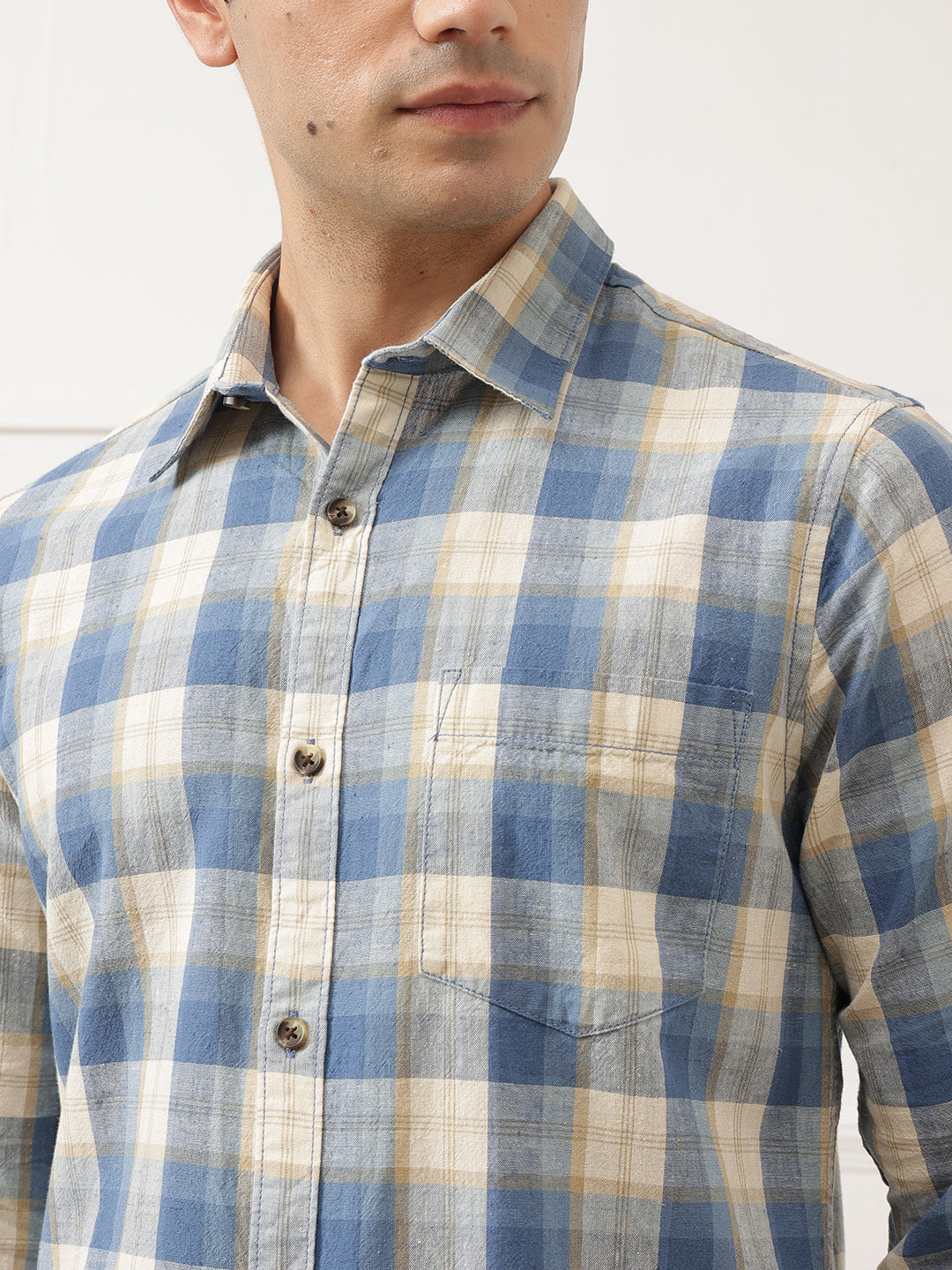 Blue Premium Slim Fit Graphic Checked Cotton Linen Casual Shirt For Men