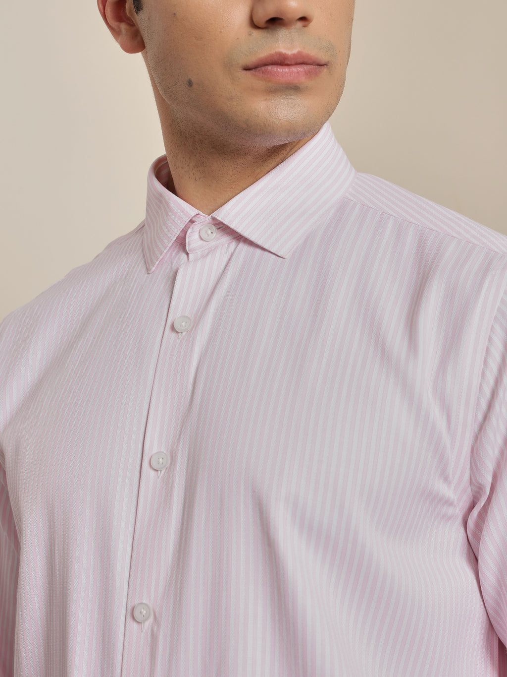 Thomas Scott Men Smart Pink Regular Fit Long Sleeves Semi Cutaway Collar Pinstripes Formal Shirt