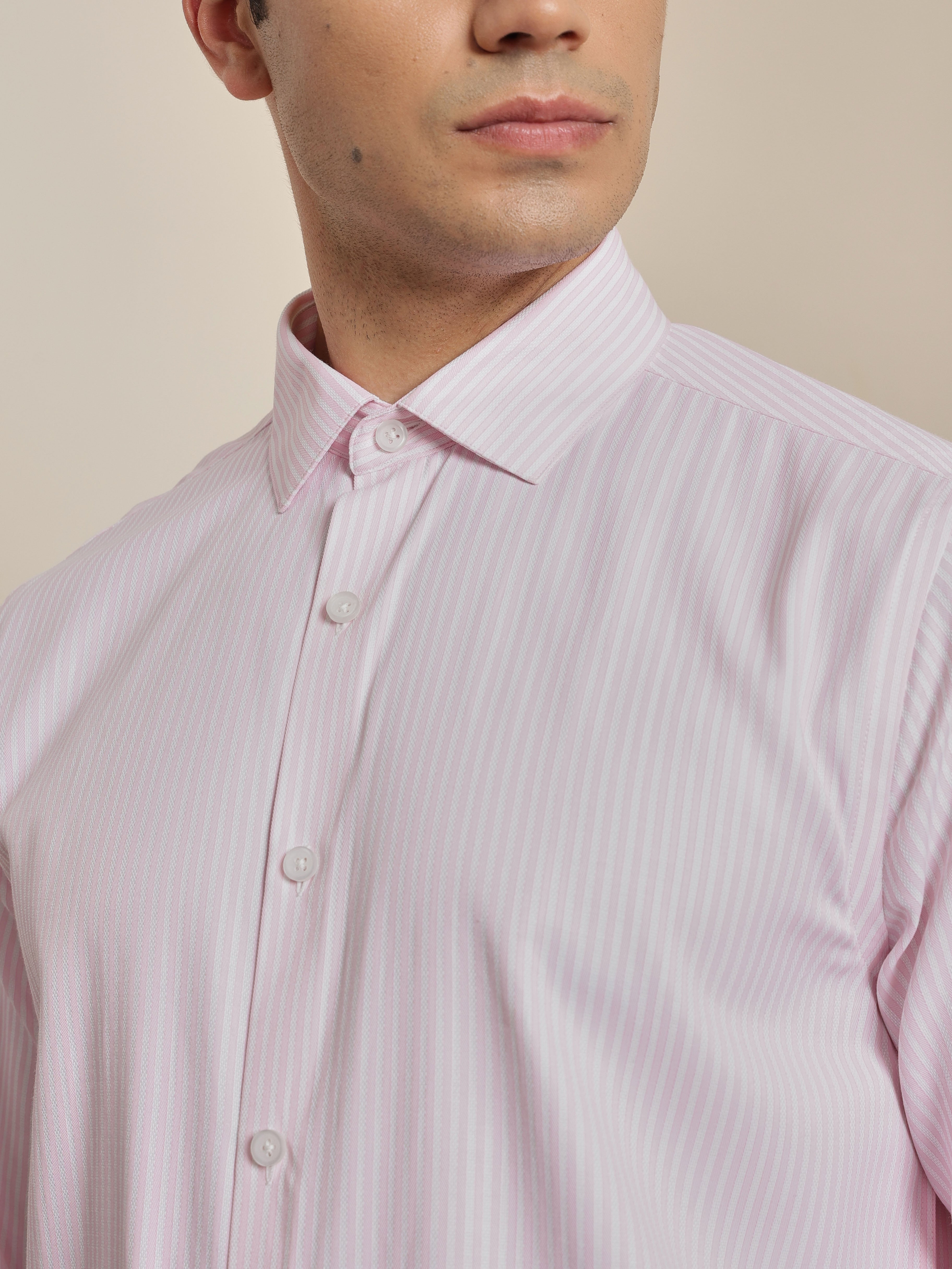 Thomas Scott Men Smart Pink Regular Fit Long Sleeves Semi Cutaway Collar Pinstripes Formal Shirt