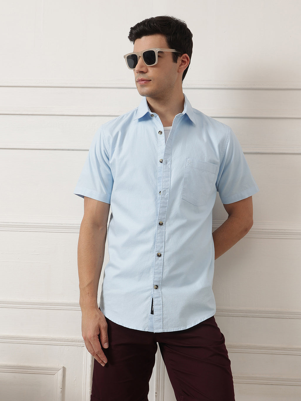Sky Blue Regular Fit Short Sleeve Spread Collar Solid Oxford Cotton Casual Shirt For Men