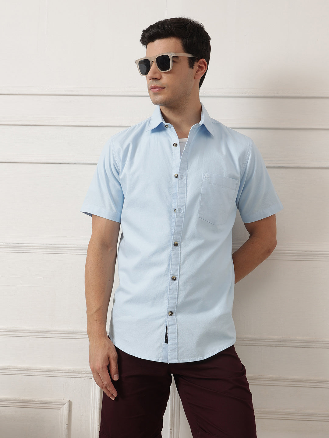 Sky Blue Regular Fit Short Sleeve Spread Collar Solid Oxford Cotton Casual Shirt For Men