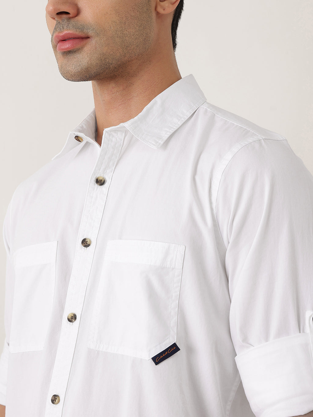 Thomas Scott Men Premium White Slim Fit Long Roll-Up Sleeves Spread Collar Solid Cotton Casual Shirts