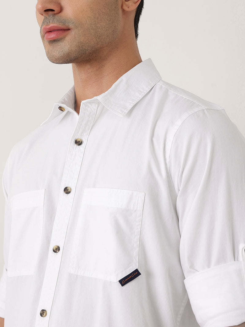 Thomas Scott Men Premium White Slim Fit Long Roll-Up Sleeves Spread Collar Solid Cotton Casual Shirts