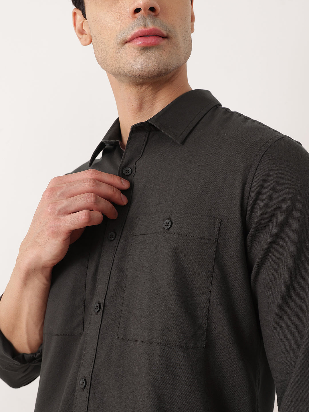 Thomas Scott Men Dark Grey Premium Regular Fit Long Sleeves Spread Collar Solid Cotton Casual Shirt with 2 Patch Pockets