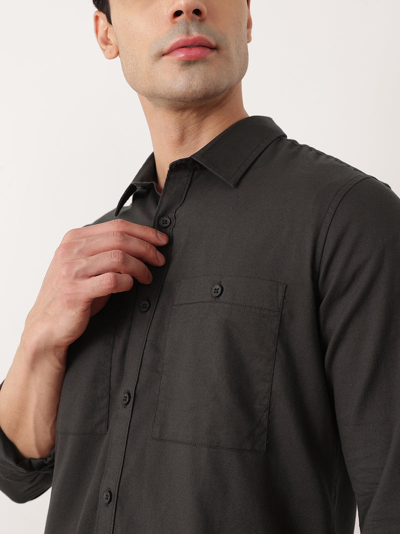 Thomas Scott Men Dark Grey Premium Regular Fit Long Sleeves Spread Collar Solid Cotton Casual Shirt with 2 Patch Pockets