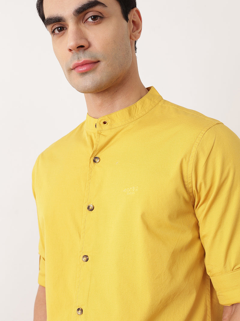 Thomas Scott Men Yellow Premium Regular Fit Long Roll-Up Sleeves Mandarin Collar Solid Cotton Casual Shirts