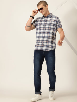 Thomas Scott Men Navy Smart Slim Fit Short Sleeves Tartan Checks Spread Collar Cotton Casual Shirt