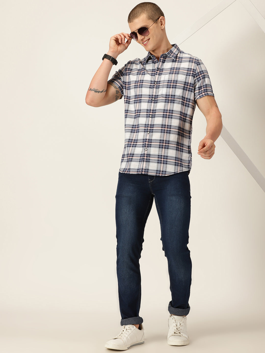 Thomas Scott Men Navy Smart Slim Fit Short Sleeves Tartan Checks Spread Collar Cotton Casual Shirt