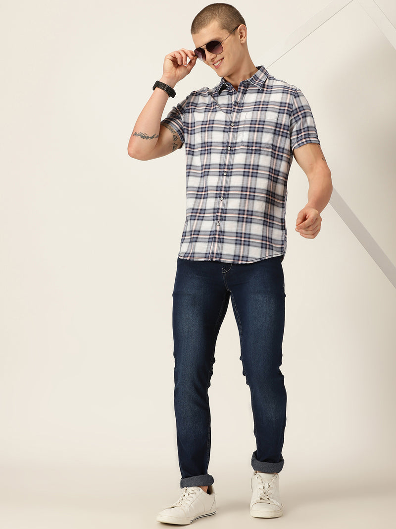 Thomas Scott Men Navy Smart Slim Fit Short Sleeves Tartan Checks Spread Collar Cotton Casual Shirt