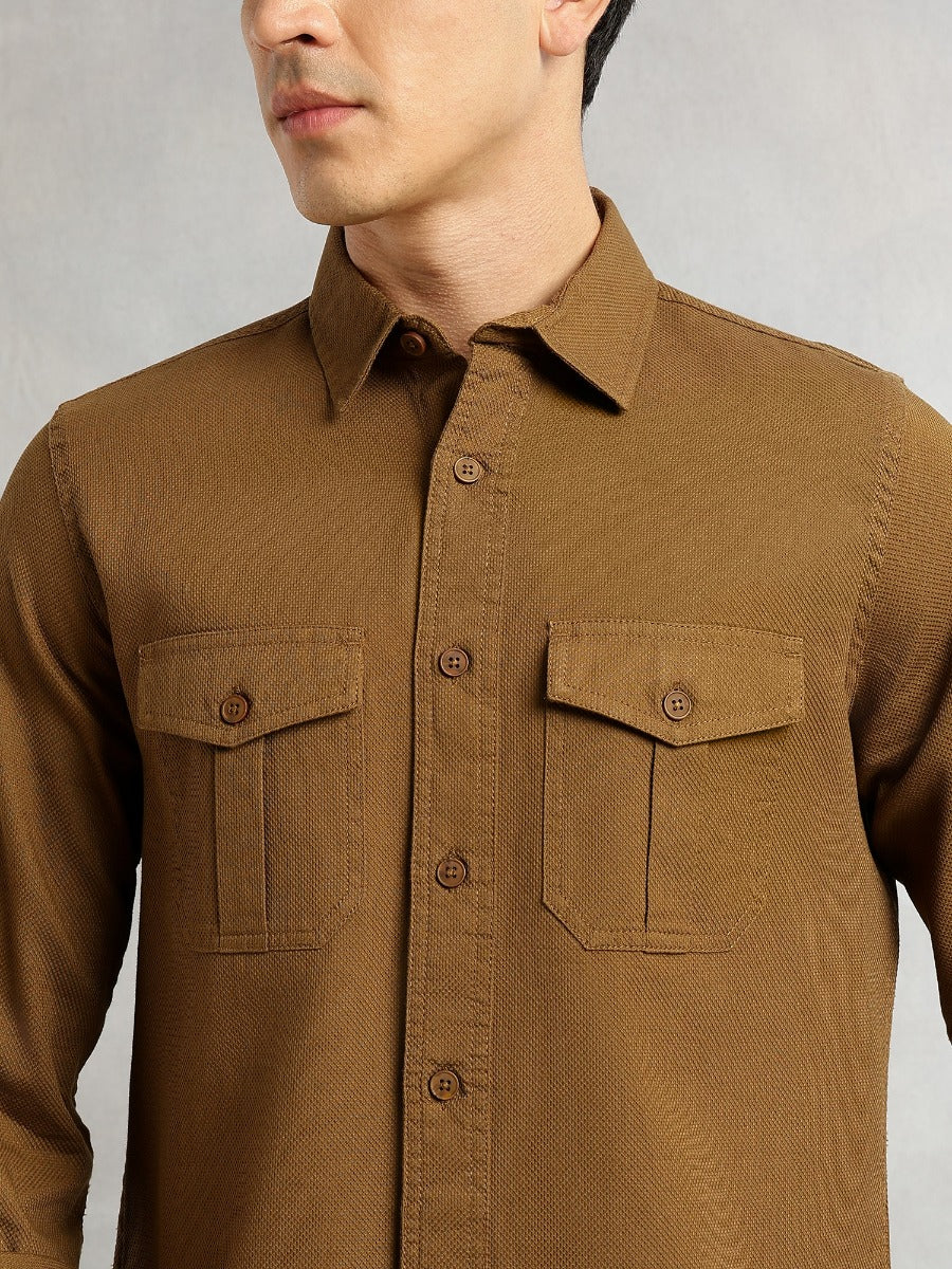 Thomas Scott Men Khaki Cricket Club Collection Men Slim Fit Cotton Casual Shirt-Dual Flap Pocket