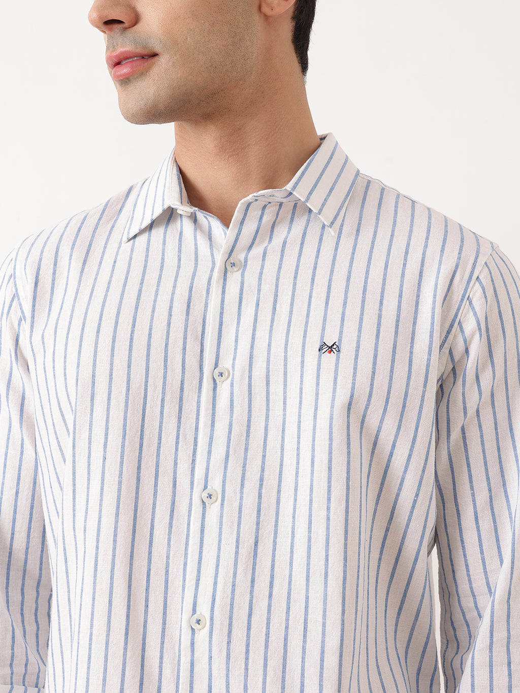 Thomas Scott Men Blue Premium Regular Fit Long Sleeves Spread Collar Vertical Stripes Cotton Linen Casual Shirts