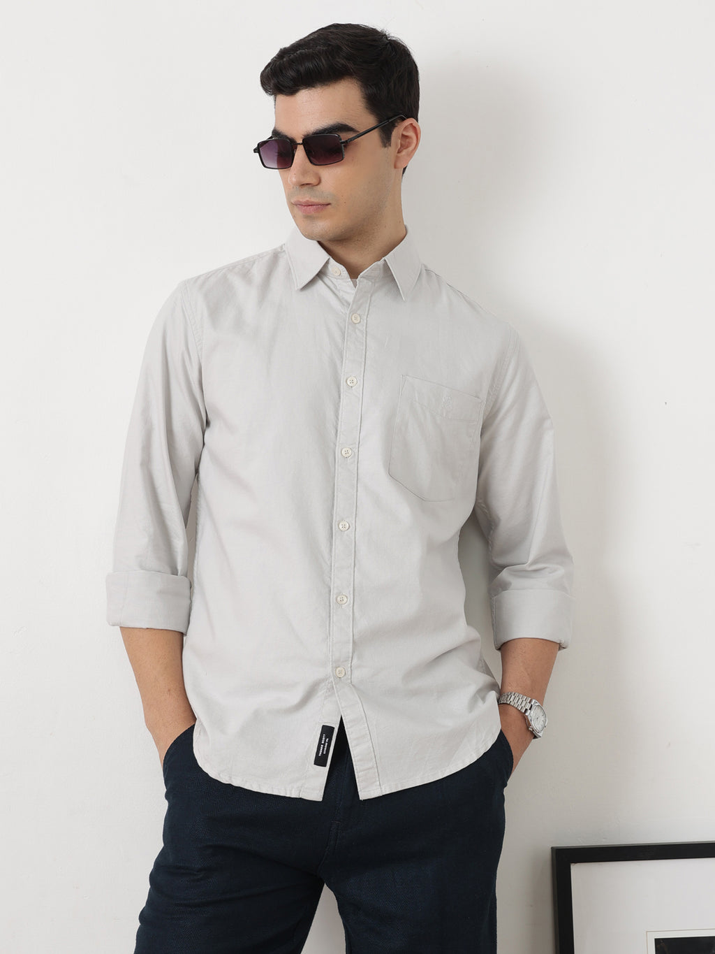 Light Grey Premium Slim Fit Long Sleeves Spread Collar Solid Cotton Oxford Casual Shirt For Men