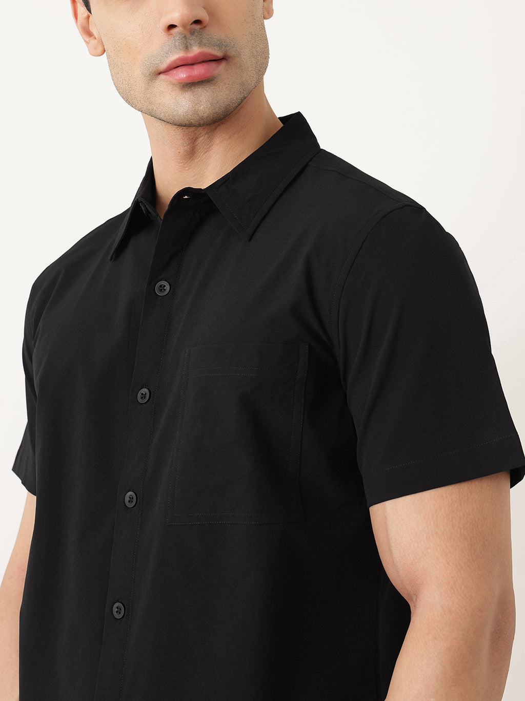 Thomas Scott Men Premium Black Slim Fit Short Sleeves Spread Collar Solid Casual Shirt