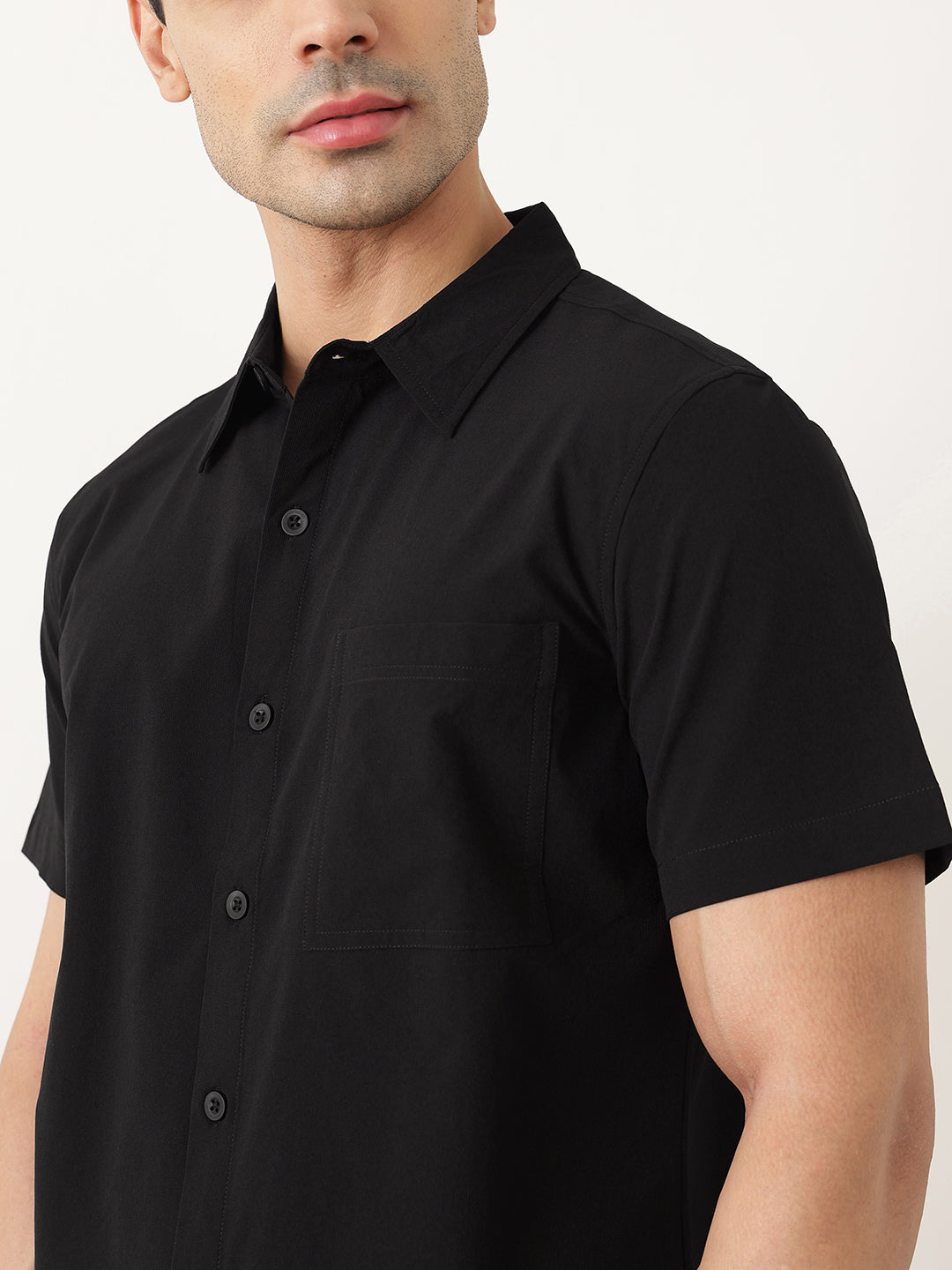 Thomas Scott Men Premium Black Slim Fit Short Sleeves Spread Collar Solid Casual Shirt