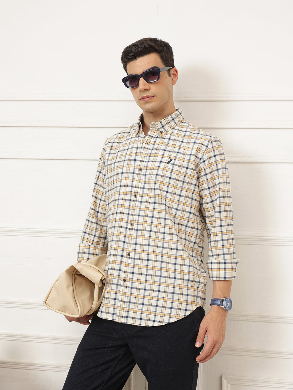 Off White Premium Regular Fit Tartan Checks Cotton Oxford Shirt For Men