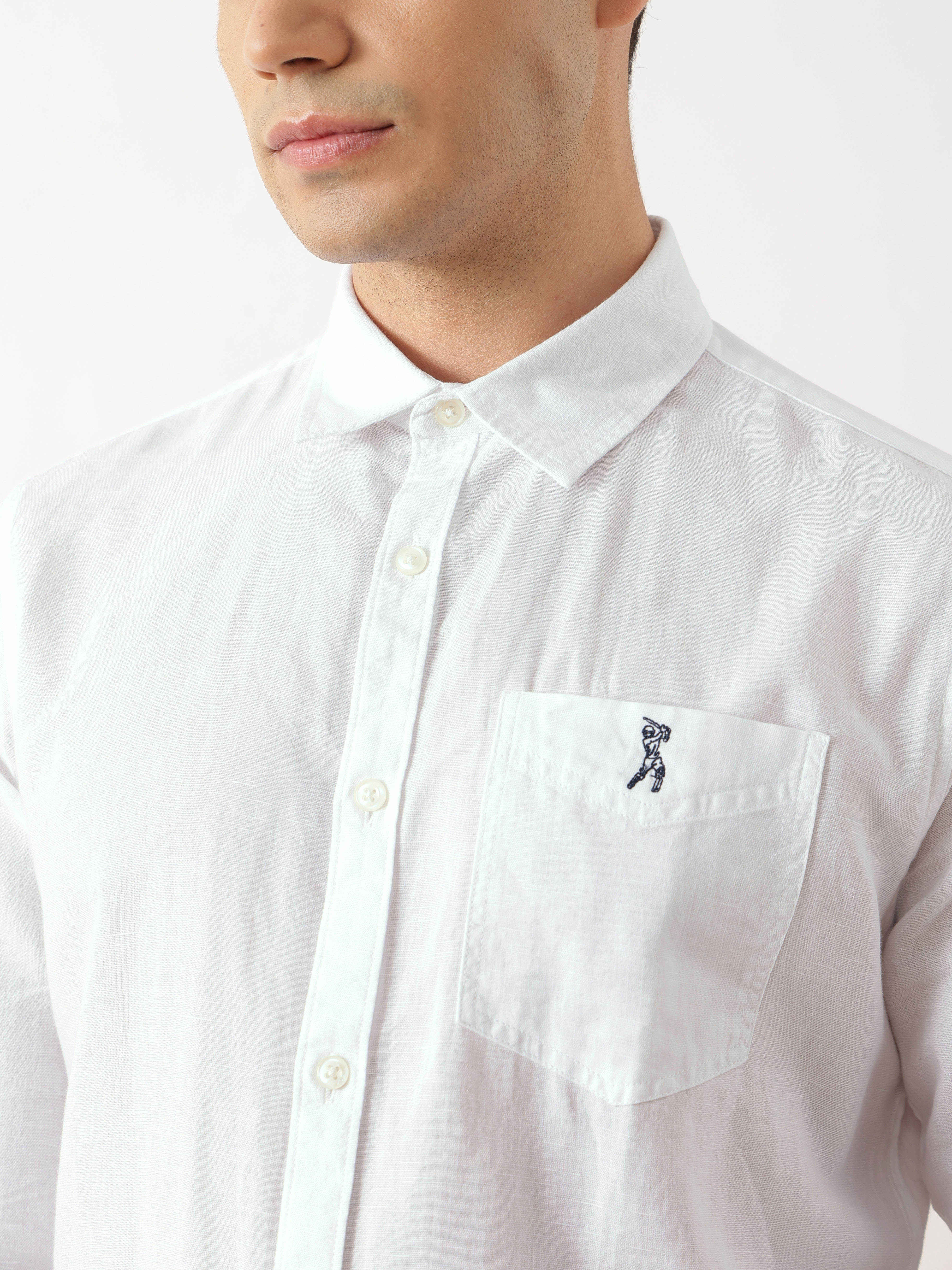 Thomas Scott Men Premium White Slim Fit Solid Spread Collar Cotton Linen Casual Shirt with Long Sleeves