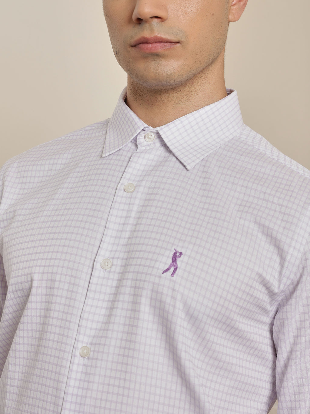 Thomas Scott Men Premium Violet Gingham Checks Cotton Formal Shirt with Spread Collar & Full Sleeves