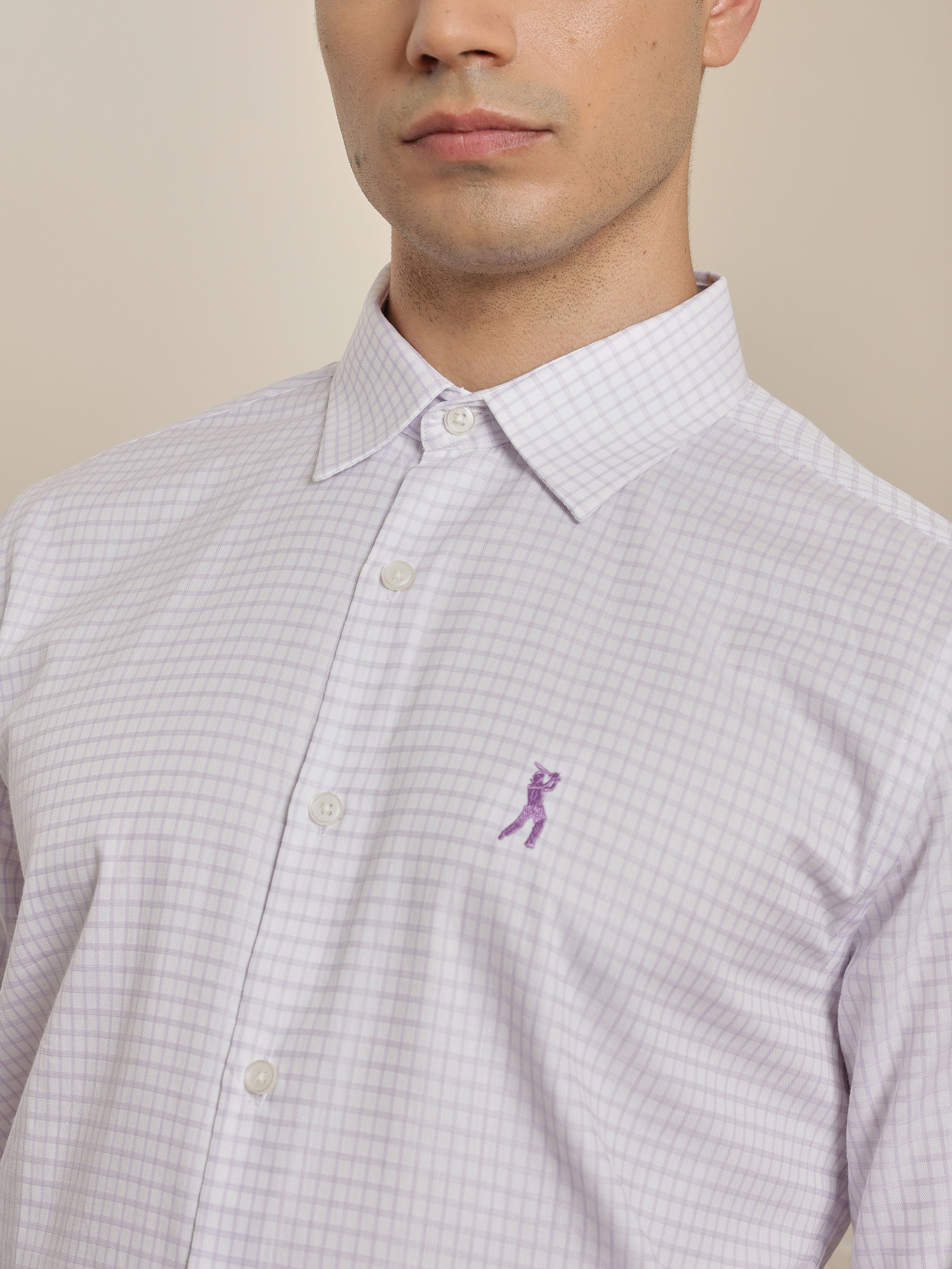 Thomas Scott Men Premium Violet Gingham Checks Cotton Formal Shirt with Spread Collar & Full Sleeves