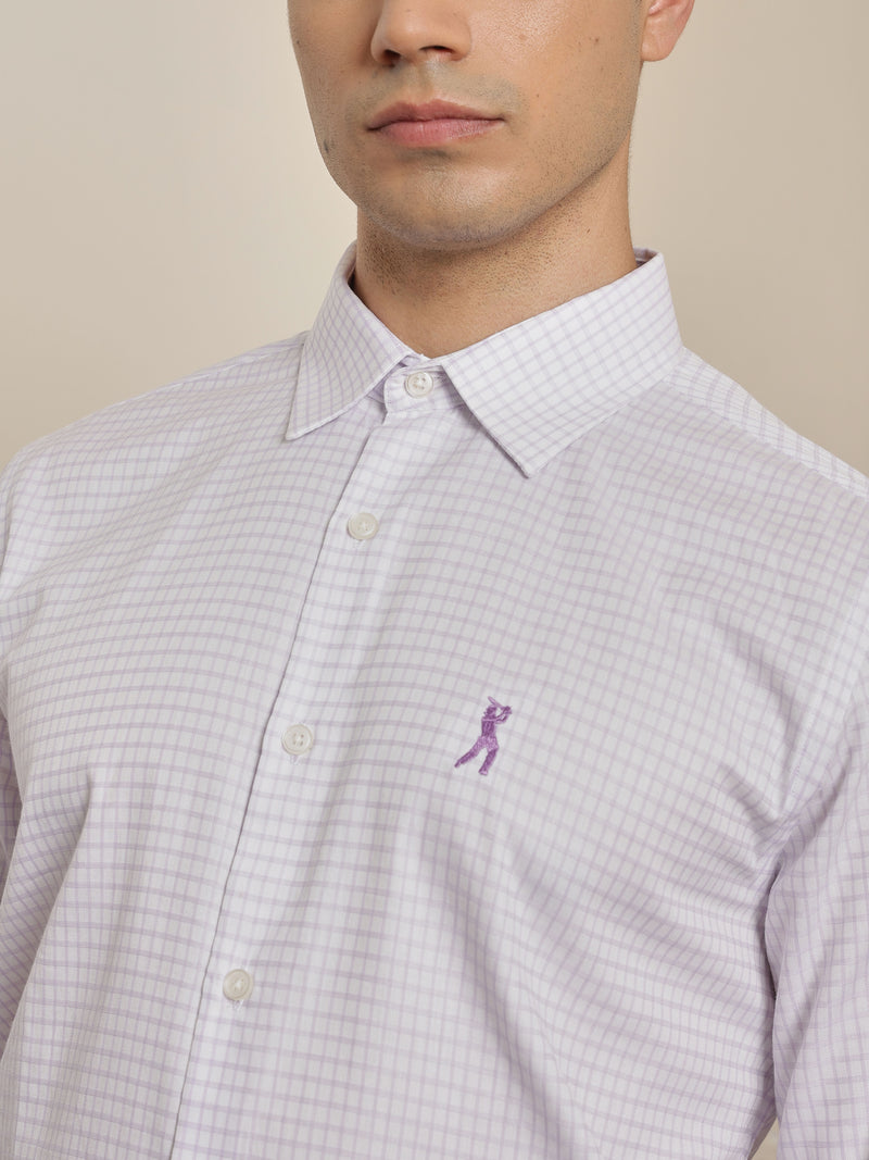 Thomas Scott Men Premium Violet Gingham Checks Cotton Formal Shirt with Spread Collar & Full Sleeves