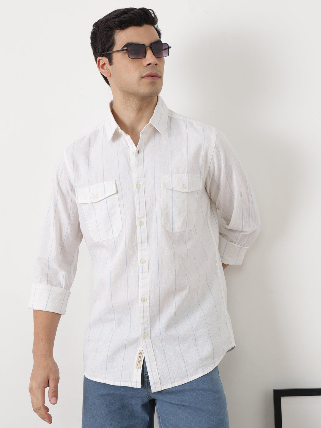 Light Blue Regular Fit Long Sleeves Spread Collar Vertical Stripes Cotton Linen Casual Shirt For Men