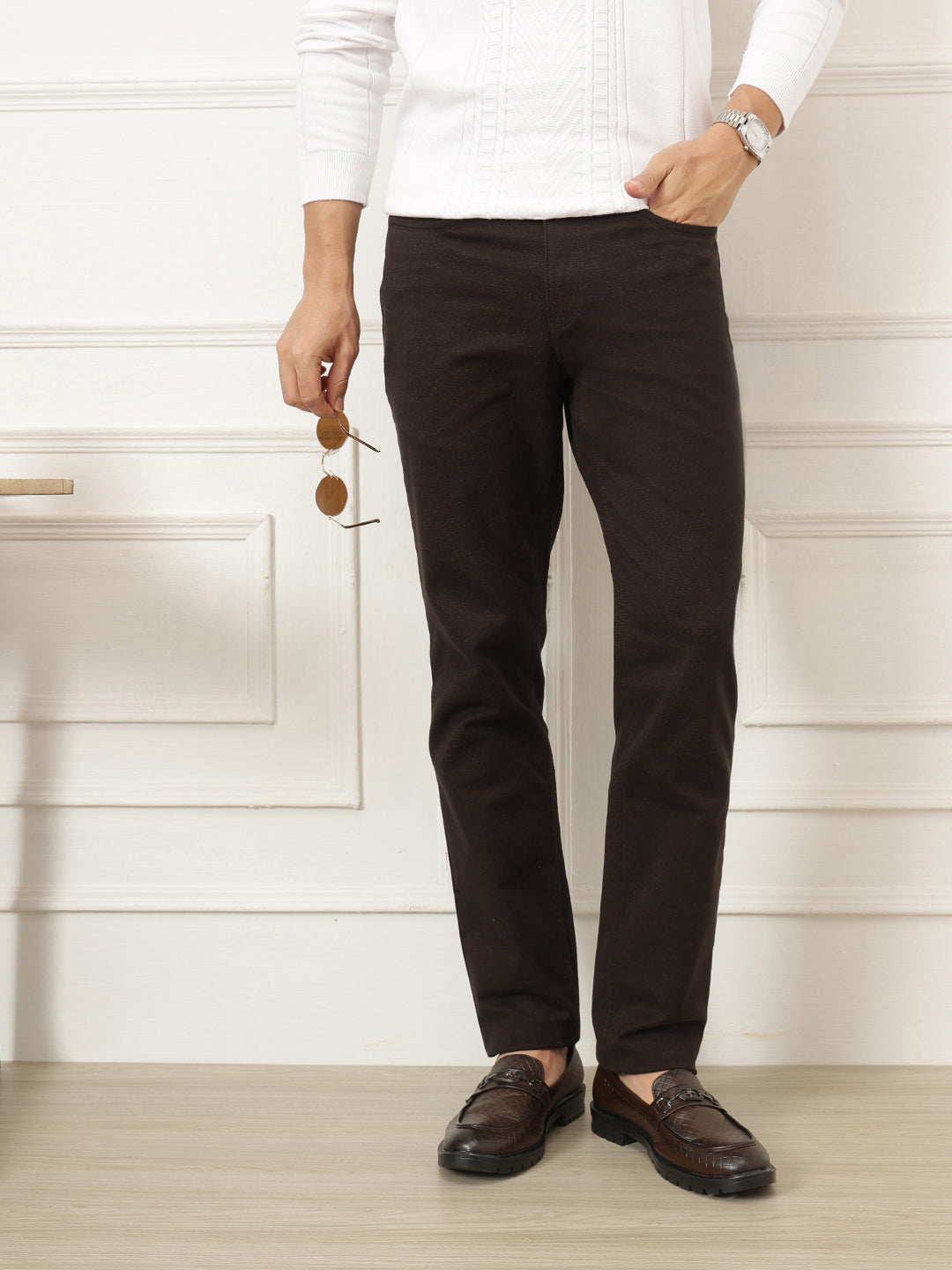 Brown Smart Straight Fit Mid-Rise Solid Woven Trouser For Men