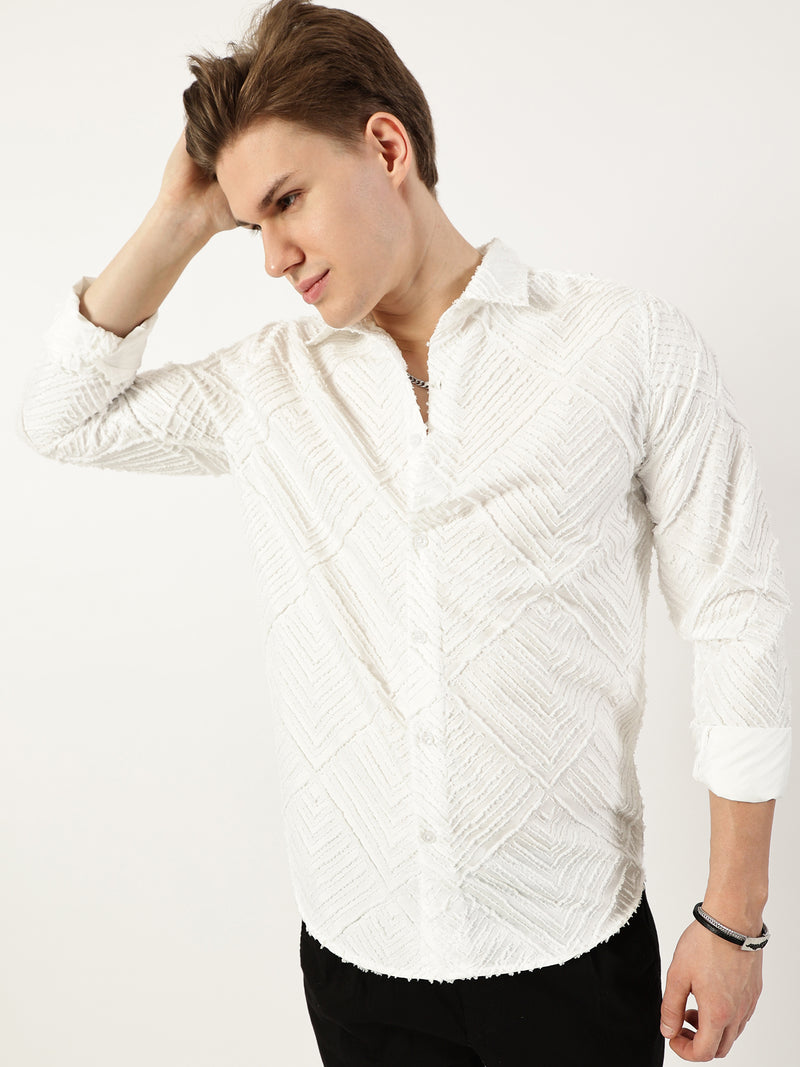 Thomas Scott Men White Premium Long Sleeves Slim Fit Spread Collar Textured Casual Shirt
